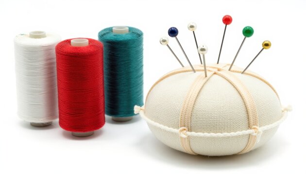 Vibrant spools of thread alongside a pin cushion filled with pins perfect for all your sewing and crafting needs