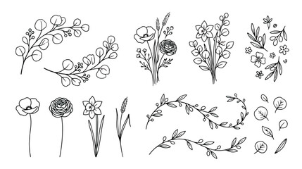 Minimalist hand drawn floral sketches, black line art botanical collection, elegant wildflower and eucalyptus leaf vector set for wedding stationery © Dream Time Studio