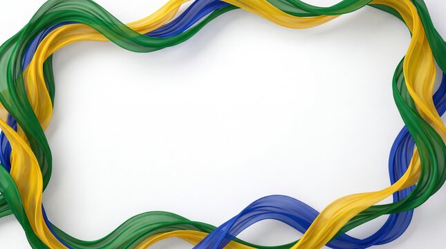 Abstract 3D flowing ribbons in green, yellow, and blue colors on a white background, brazilian collors