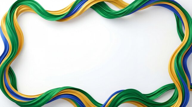 Abstract 3D flowing ribbons in green, yellow, and blue colors on a white background, brazilian collors