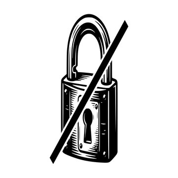 Unlocked Padlock with Slash: A vintage padlock is depicted unlocked and diagonally crossed with a bold slash, symbolizing access granted or a restriction removed.