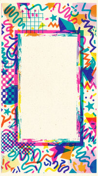 Marco con fondo gr&aacute;fico abstracto con concepto y color de los a&ntilde;os 80 y 90 con espacio para texto.