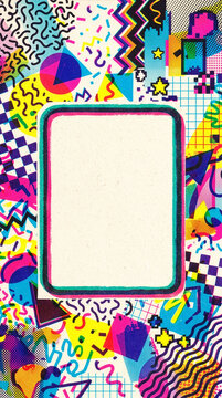 Marco con fondo gr&aacute;fico abstracto con concepto y color de los a&ntilde;os 80 y 90 con espacio para texto.
