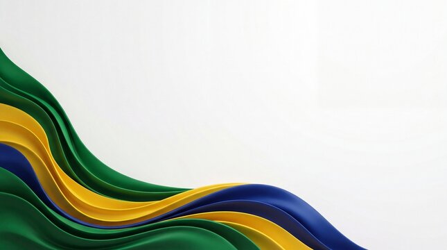 Abstract 3D flowing ribbons in green, yellow, and blue colors on a white background