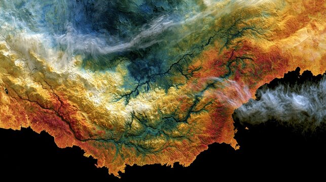 A map-style composition of fall foliage viewed from space, with contiguous swaths of chlorophyll loss, temperature bands, and cloud shadows wrapping across mountain ranges and river valleys.