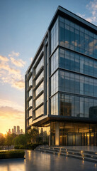 Obraz premium Modern corporate glass office building at sunset exterior view with architecture building corporate exterior skyscraper structure commercial lighting business development professional