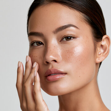 east asian fashion beauty model with freckles applying skincare, clean girl beauty model with natural freckles and healthy skin, front facing east asian woman touching cheek during skincare routine