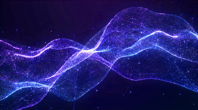 Blue digital mesh network waves with interconnected nodes and glowing particles representing big data flow and cloud computing infrastructure in cyberspace