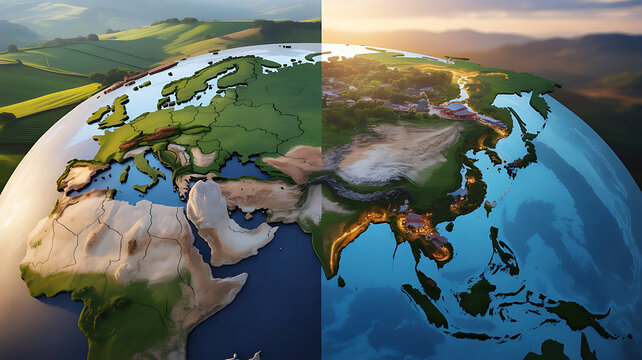 Eurasia globe illustration europe and asia continental view with sunrise