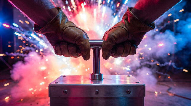 Detonator plunger handle held by hands in leather gloves with vibrant explosive sparks and industrial smoke in the background