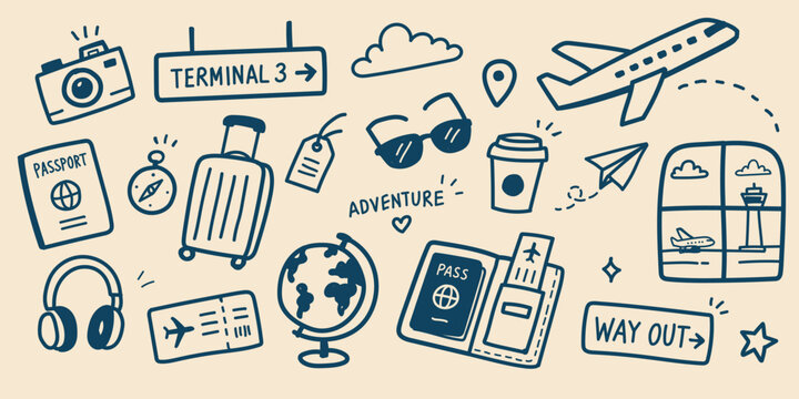 Travel Doodle Icon Set Outline Vector Illustration Featuring Airplane, Passport, Boarding Pass, Suitcase, Camera, Globe, Airport Terminal Sign, Coffee Cup and Vacation Travel Essentials