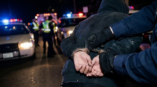 Police officer handcuffing a suspect on a road at night with emergency vehicles nearby scene.