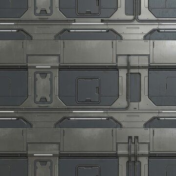 Seamless texture of a dark gray and silver futuristic sci-fi metallic wall with various industrial panels, pipes, vents, and glowing light details. Ideal for high-tech backgrounds, game environments