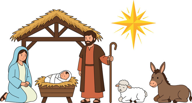 Christmas Nativity Scene Vector Illustration Set with Baby Jesus Mary Joseph Stable Bethlehem Star Sheep and Donkey Elements for Holiday Religious Designs