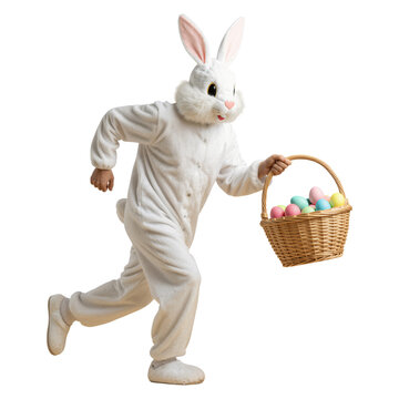Man Wearing Easter Bunny is Running with Wicker Basket Full of Colorful Eggs PNG Clipart Element on Transparent Background