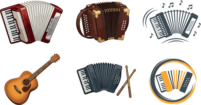 Folk Music Instrument Vector Icon Set with Accordion Concertina Acoustic Guitar Drumsticks and Minimalist Squeeze Box Musical Logo Elements for Band Designs