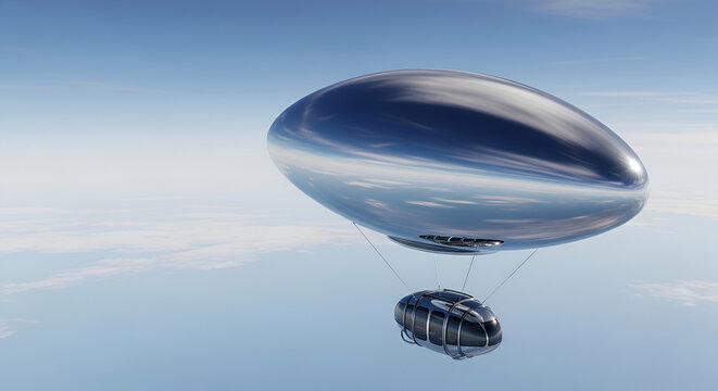 Futuristic silver airship floating in a clear blue sky with clouds
