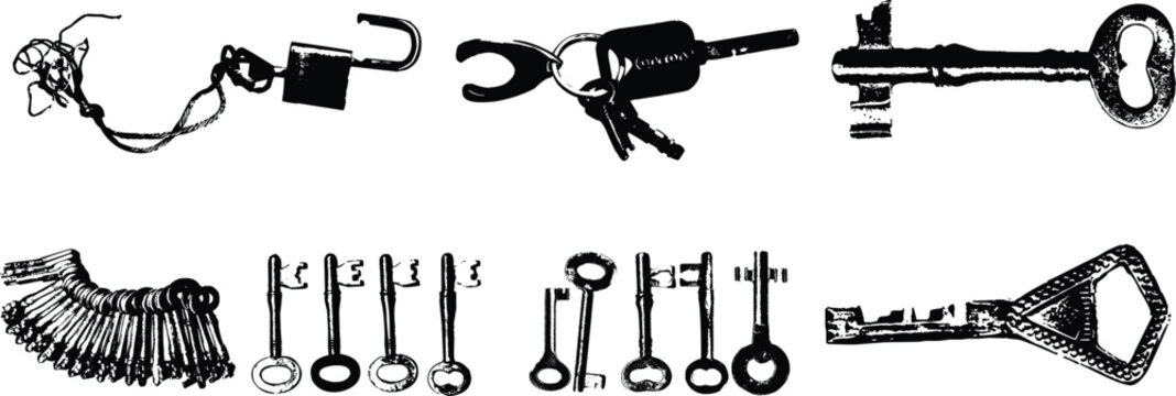 Collection of various keys and keychains on a white background