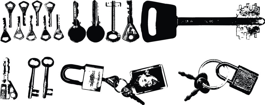 Collection of various keys and locks on a white background