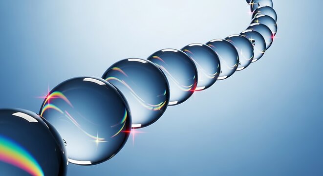 Abstract row of shiny transparent crystal spheres with rainbow light reflections on blue background