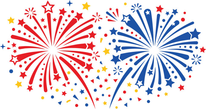 Vibrant red and blue fireworks vector illustration featuring patriotic star shapes and circular confetti elements designed for celebratory events and festive holiday themes on a clean and bright white