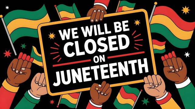 Juneteenth celebration sign with fists and flags in background