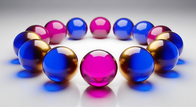 Circular arrangement of glossy blue and pink spheres on a soft white studio light background