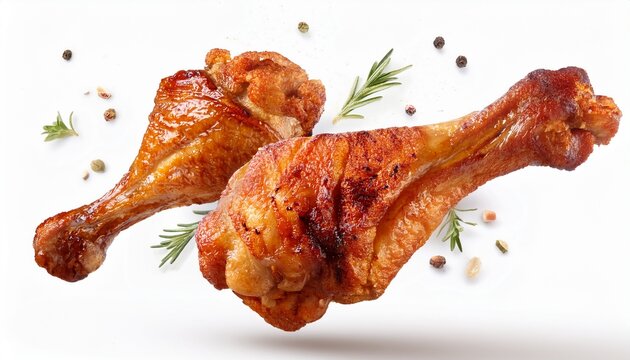 grilled chicken drum stick flying in white background