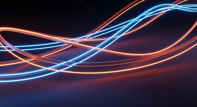 Abstract digital background with glowing neon light trails in blue and orange on dark background