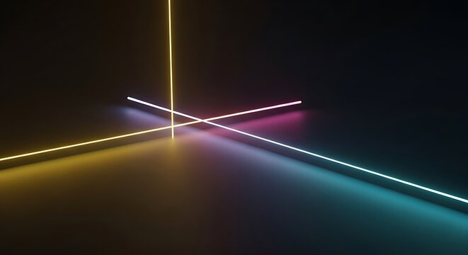 Minimalist composition with intersecting neon light lines in a dark virtual studio space.