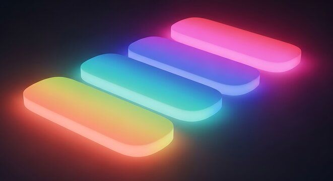 Four rounded rectangular glowing platforms with a rainbow spectrum gradient light effect.