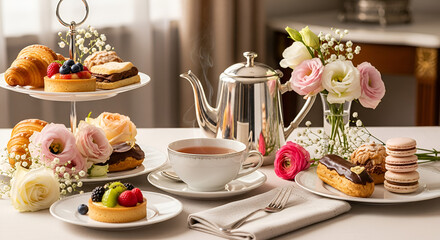 Fototapeta premium Elegant Afternoon Tea: Pastries, Croissants, Macarons, and Flowers