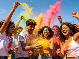 Obraz premium Diverse group of friends enjoying a vibrant color festival