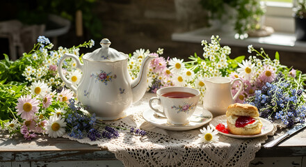 Fototapeta premium Elegant Afternoon Tea Set with Scones and Wildflowers