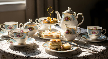 Fototapeta premium Elegant Afternoon Tea Setting with Scones, Sandwiches, and Teaware
