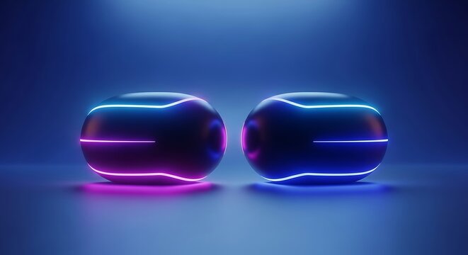 Abstract futuristic 3d spheres with vibrant neon glowing light lines on a dark blue background