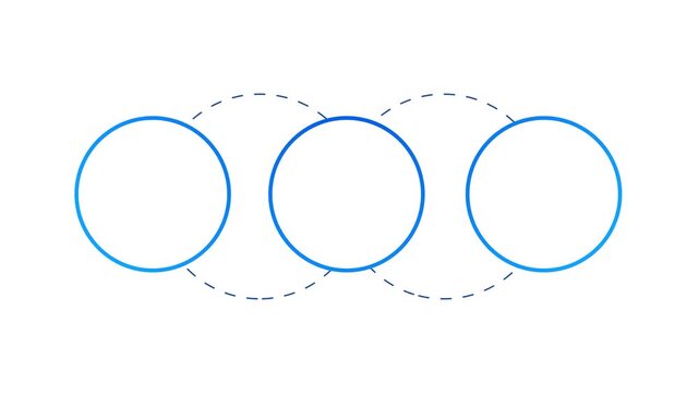 Simple Three Connected Step Workflow Animation With Circular Elements And Curved Dashed Paths. Clean Process Timeline Design For Business Presentations, Infographics, Corporate Motion Graphics.