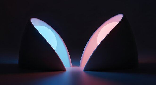 Minimalist 3d abstract shapes with soft glowing blue and pink light in a dark moody environment