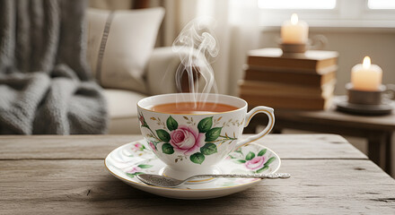 Fototapeta premium Cozy Morning Tea: Steaming Cup with Roses on Table, Warm Living Room Ambiance