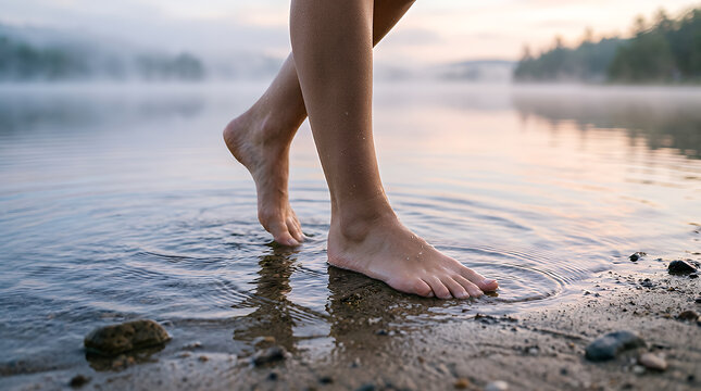 Person walks barefoot through the shallow water of a tranquil lake during the golden hour as the soft light reflects off the surface creating a relaxing atmosphere for morning meditation and quiet.