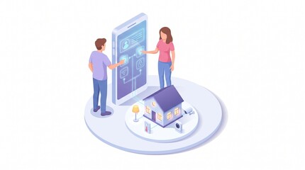 Fototapeta premium Isometric illustration of a couple controlling a house model with a giant smartphone