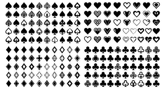 Massive collection of classic playing card suits including spades hearts diamonds and clubs in various artistic styles for casino and game design projects