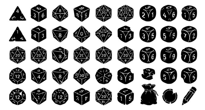 Collection of tabletop roleplaying game dice in black silhouette style including polyhedral shapes for dungeons and dragons tabletop gaming sessions and character creation