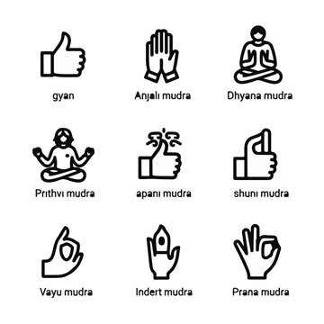 Collection of yoga hand mudras and meditation pose icons