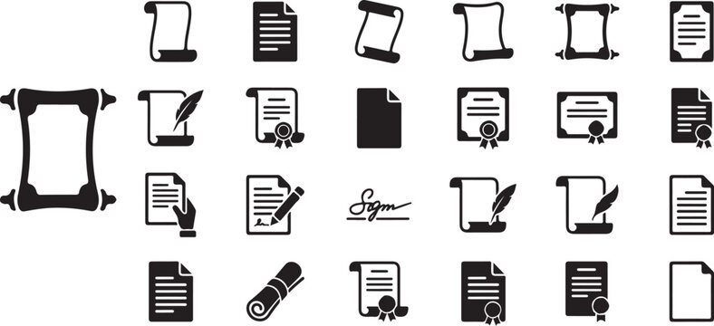 Collection of document and certificate icons featuring scrolls papers and formal legal contracts document certificate contract agreement business template signature official corporate