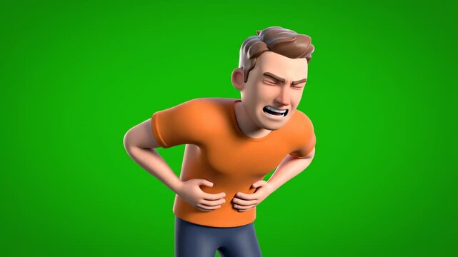A 3D cartoon man with a pained expression clutching his stomach