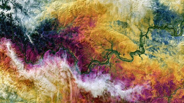 A map-style composition of fall foliage viewed from space, with contiguous swaths of chlorophyll loss, temperature bands, and cloud shadows wrapping across mountain ranges and river valleys.