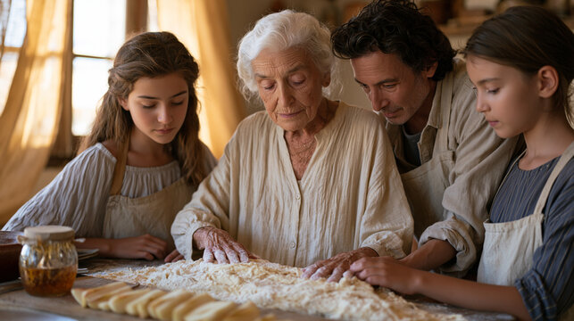 Elderly Rosh Hashanah celebrant teaching her adult daughter and grandchildren to prepare traditional foods in a warm kitchen, a honey jar and apple slices arranged on the counter,