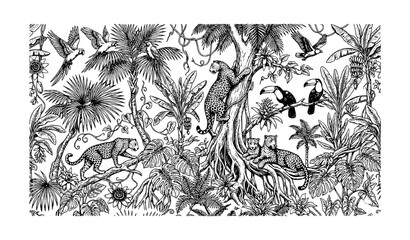 Elegant Monochrome Tropical Toile de Jouy Pattern with Leopards Birds and Jungle Flora © Shaon