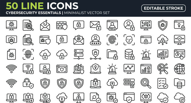 Line icons set provides a complete library of fifty minimalist cybersecurity graphics suitable for professional software development projects.